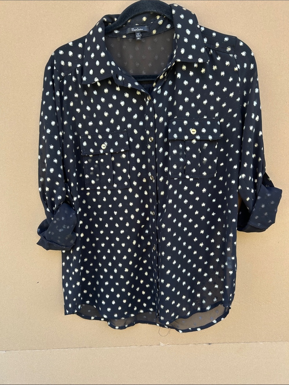 Monteau Polka Dots Blouse Coquette Career Black Sheer Button lightweight Medium
